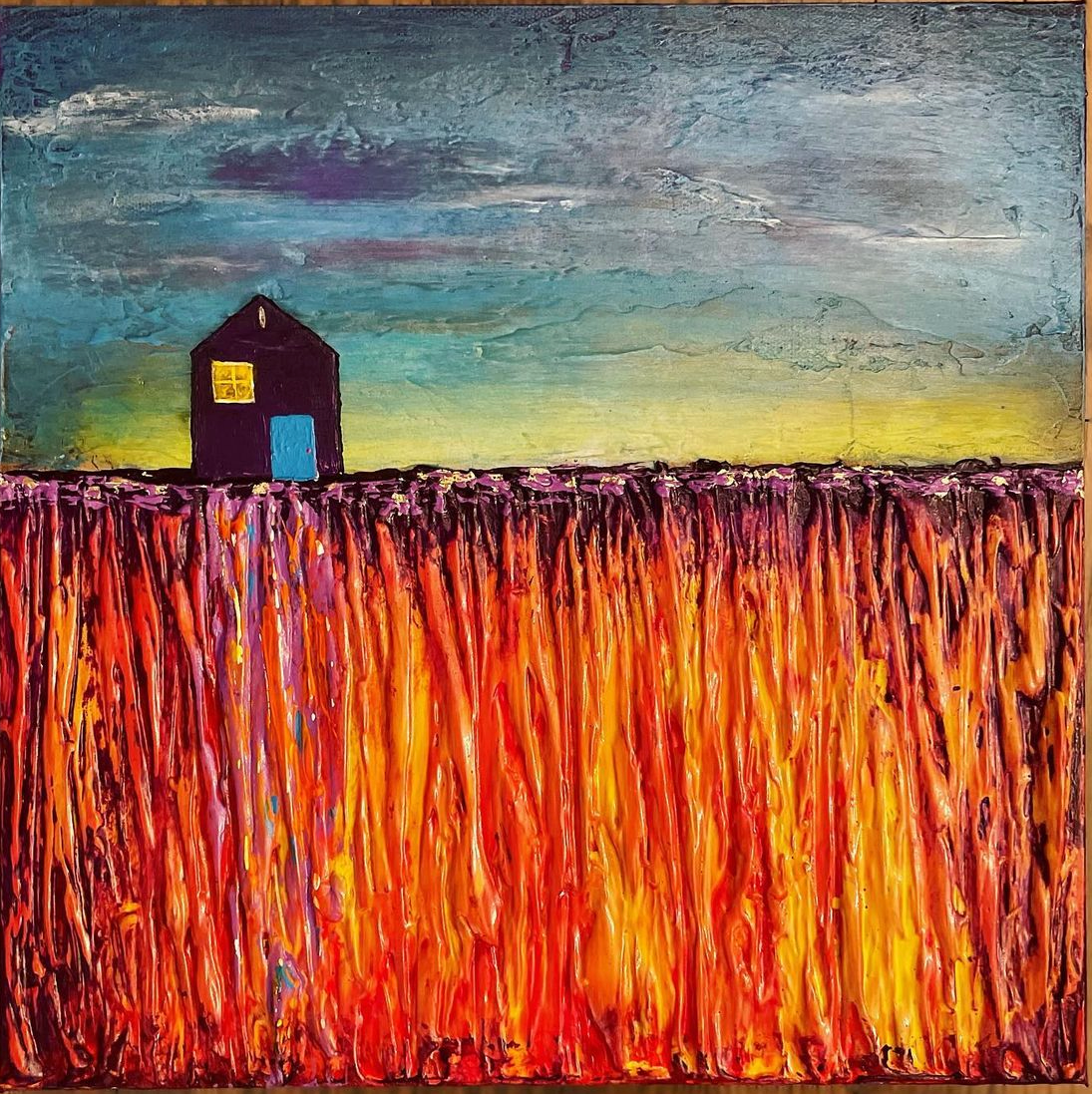 "Sunrise & Fire" - Original Mixed Media Painting on Canvas - 14"x14"